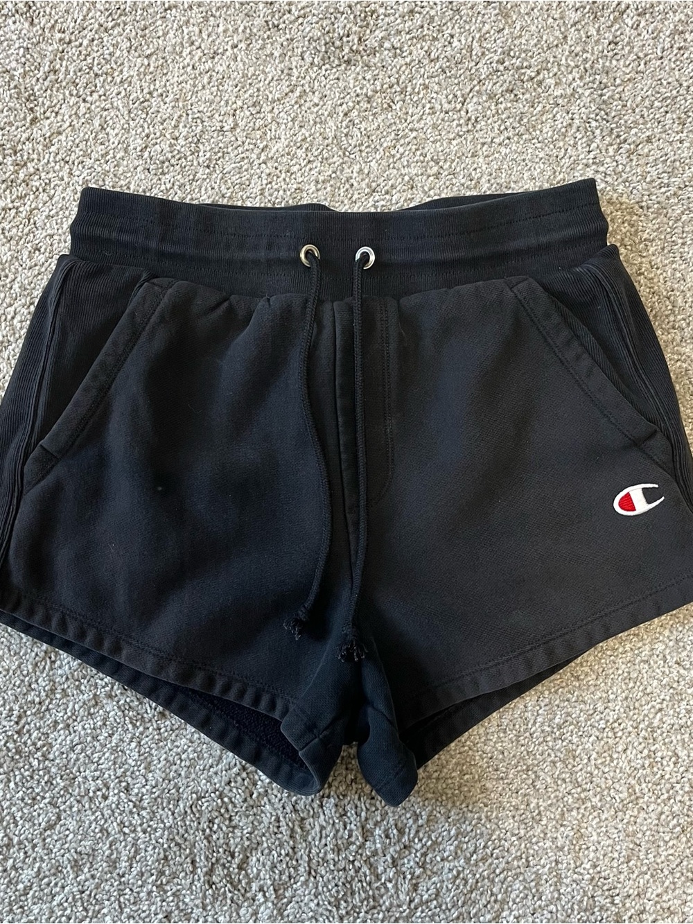 Champion Black Athletic Logo Drawstring Shorts with Red-White Accent